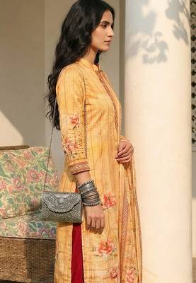 Orange blended cotton embroidered   sequins & printed dupatta free size suit 2