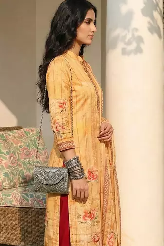 Orange blended cotton embroidered   sequins & printed dupatta free size suit