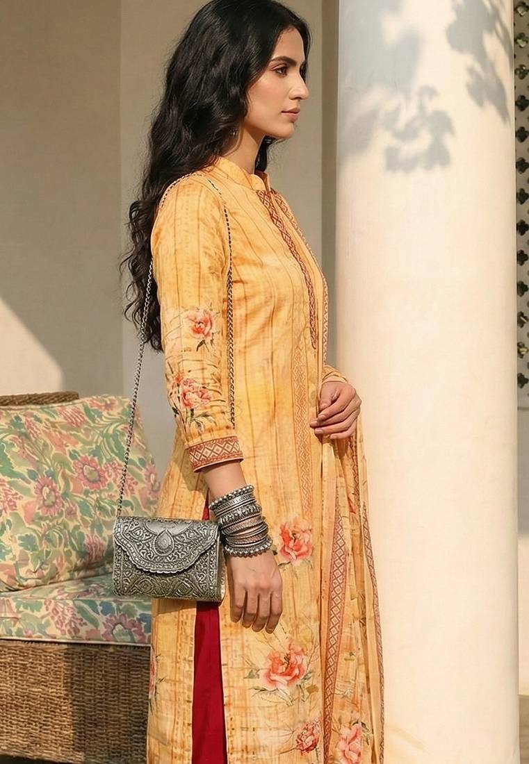 Orange blended cotton embroidered   sequins & printed dupatta free size suit