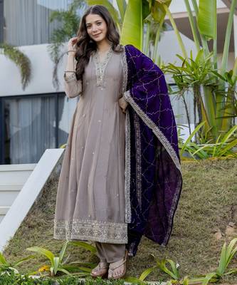 Cream silk blend embroidered   sequins free size suit 1