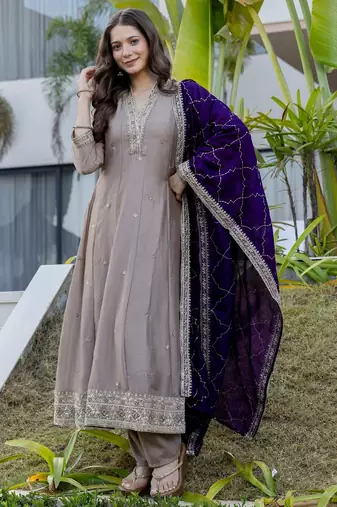 Cream silk blend embroidered   sequins free size suit