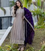 Cream silk blend embroidered   sequins free size suit