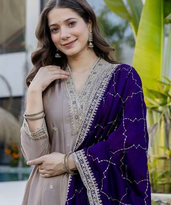 Cream silk blend embroidered   sequins free size suit 2