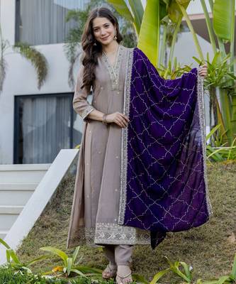 Cream silk blend embroidered   sequins free size suit 4