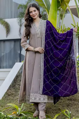 Cream silk blend embroidered   sequins free size suit