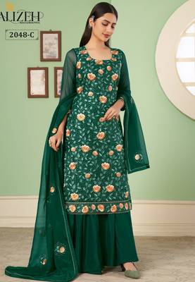 Green georgette embroidered & sequins free size suit 1