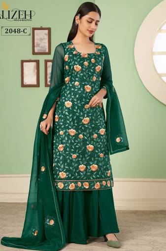 Green georgette embroidered & sequins free size suit