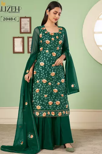 Green georgette embroidered & sequins free size suit