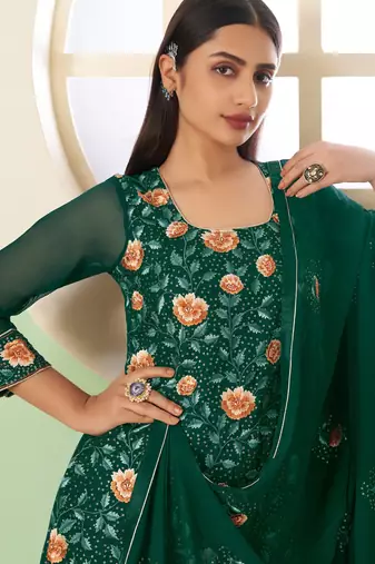 Green georgette embroidered & sequins free size suit