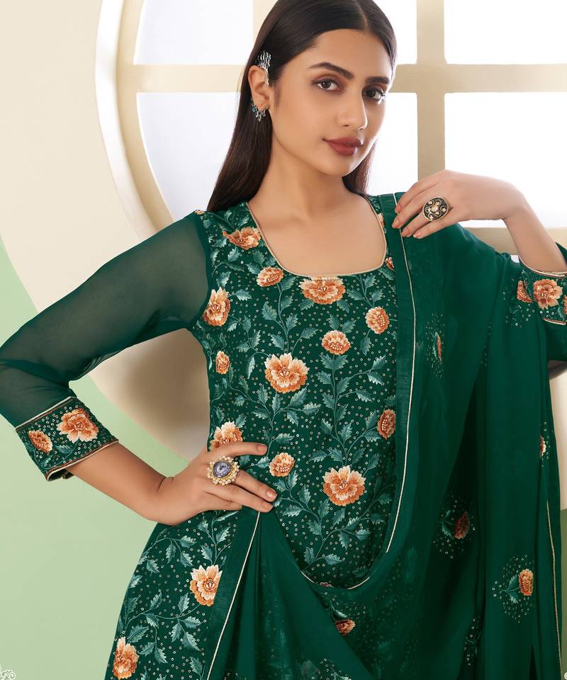 Green georgette embroidered & sequins free size suit
