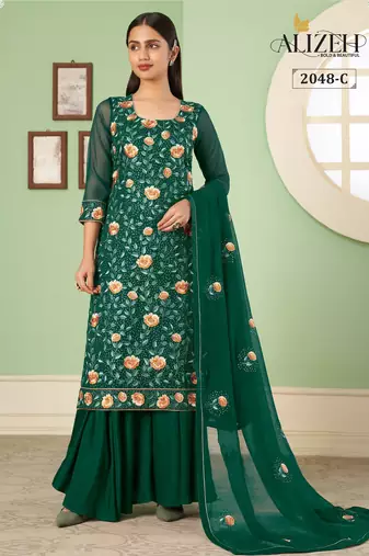 Green georgette embroidered & sequins free size suit
