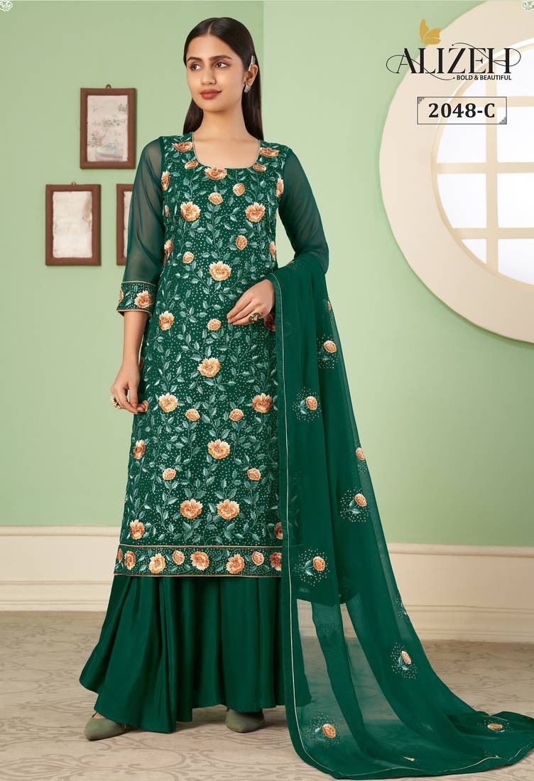 Green georgette embroidered & sequins free size suit