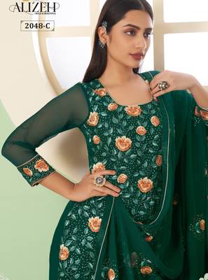 Green georgette embroidered & sequins free size suit 4