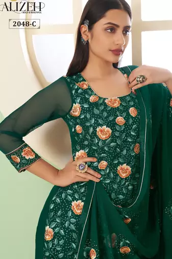 Green georgette embroidered & sequins free size suit