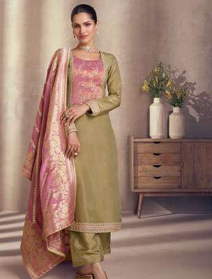 Olive silk blend embroidery & sequins  free size suit 1