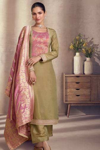 Olive silk blend embroidery & sequins  free size suit