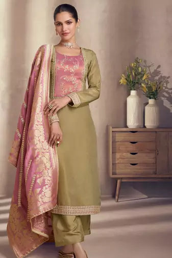 Olive silk blend embroidery & sequins  free size suit