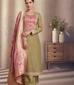 Olive silk blend embroidery & sequins  free size suit