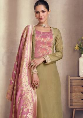 Olive silk blend embroidery & sequins  free size suit 2