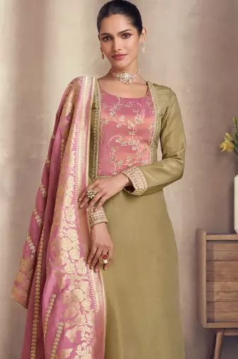 Olive silk blend embroidery & sequins  free size suit