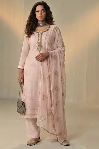 Pink georgette embroidered with multi thread and sequins work along with khatli work free size suit