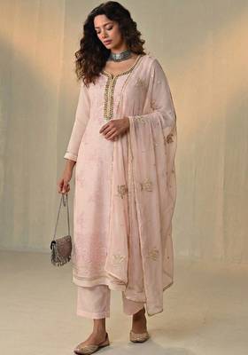 Pink georgette embroidered with multi thread and sequins work along with khatli work free size suit 2