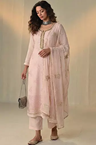 Pink georgette embroidered with multi thread and sequins work along with khatli work free size suit