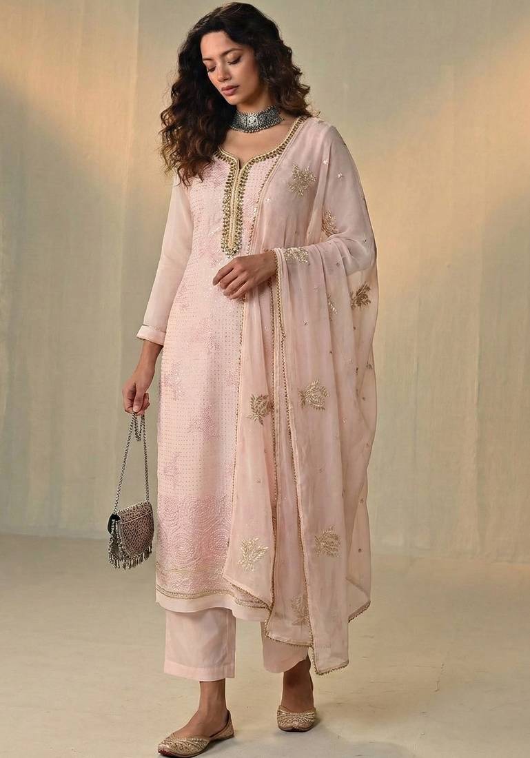 Pink georgette embroidered with multi thread and sequins work along with khatli work free size suit