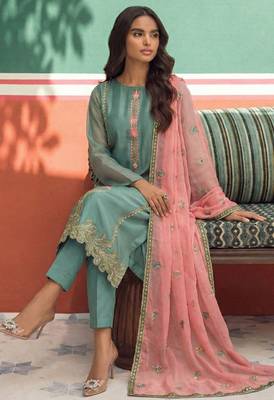 Pink silk blend embroidered   thread work & sequins free size suit 1