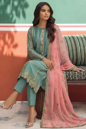 Pink silk blend embroidered   thread work & sequins free size suit