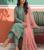 Pink silk blend embroidered   thread work & sequins free size suit