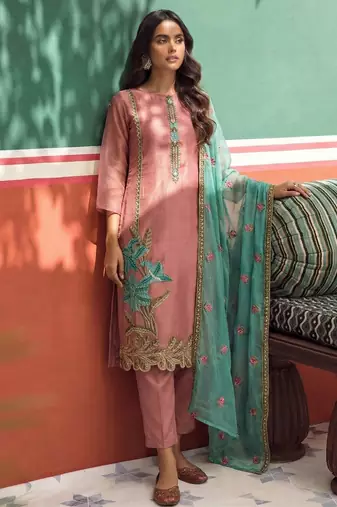 Pink silk blend embroidered   thread work & sequins free size suit