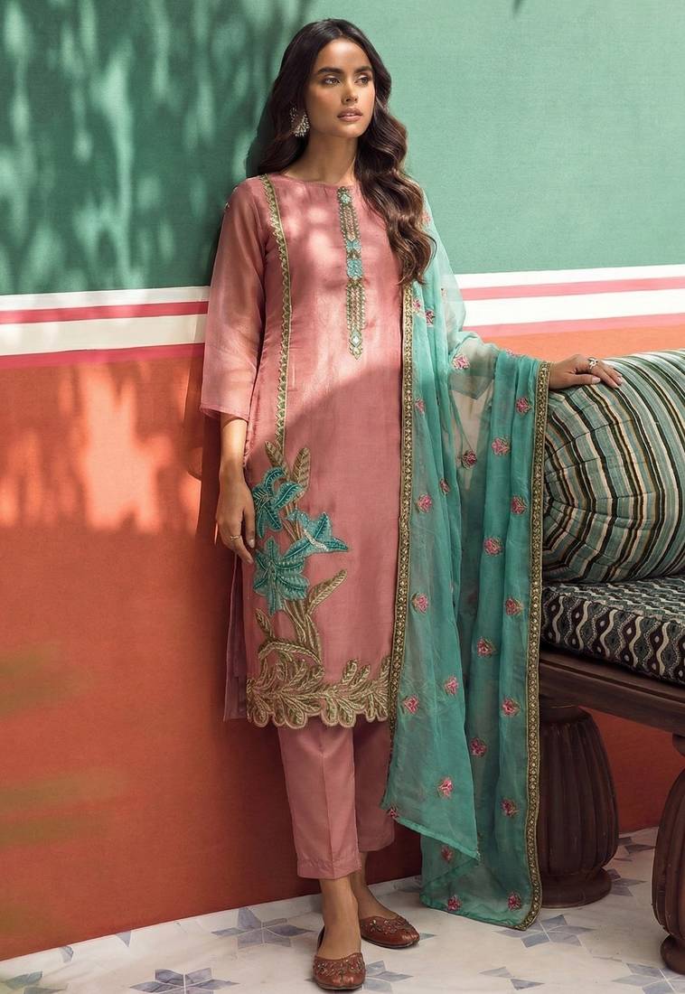 Pink silk blend embroidered   thread work & sequins free size suit