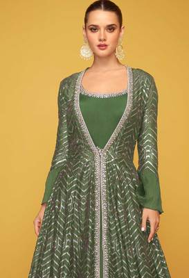 Olive silk blend embroidered   sequins free size top 2