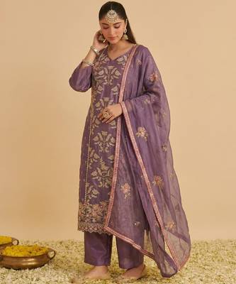 Purple silk blend embroidered   multi thread and sequins work heavy floral motifs gold zari work free size suit 1