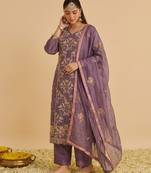 Purple silk blend embroidered   multi thread and sequins work heavy floral motifs gold zari work free size suit