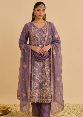 Purple silk blend embroidered   multi thread and sequins work heavy floral motifs gold zari work free size suit 2