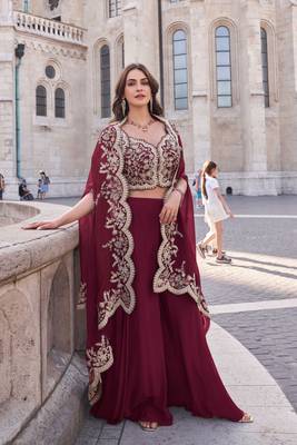 Maroon silk blend embroidery & sequins free size suit 1