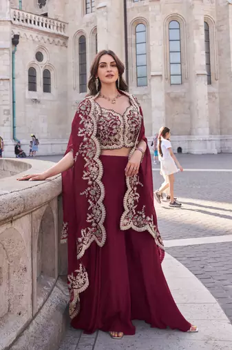 Maroon silk blend embroidery & sequins free size suit