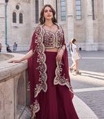 Maroon silk blend embroidery & sequins free size suit