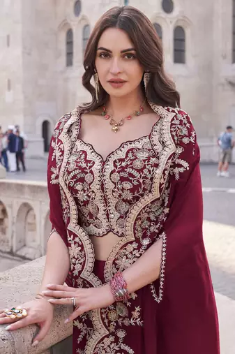 Maroon silk blend embroidery & sequins free size suit
