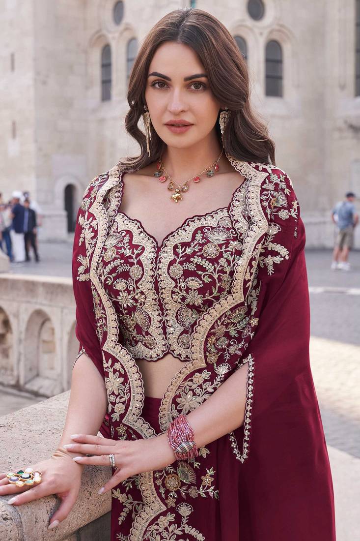 Maroon silk blend embroidery & sequins free size suit