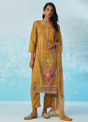 Mustard fancy fabric thread and sequins embroidery free size suit 1