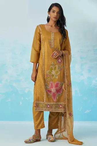 Mustard fancy fabric thread and sequins embroidery free size suit