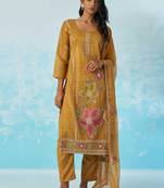 Mustard fancy fabric thread and sequins embroidery free size suit
