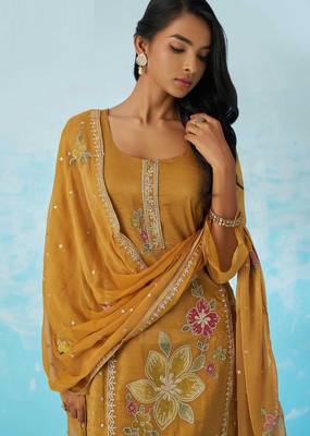 Mustard fancy fabric thread and sequins embroidery free size suit 2