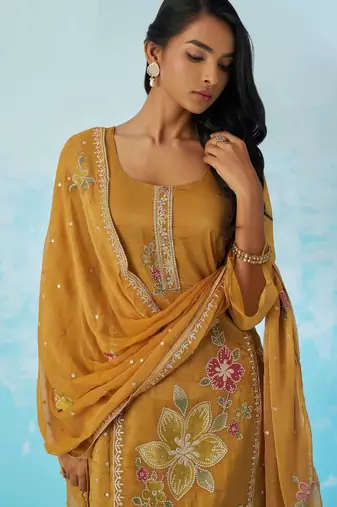 Mustard fancy fabric thread and sequins embroidery free size suit