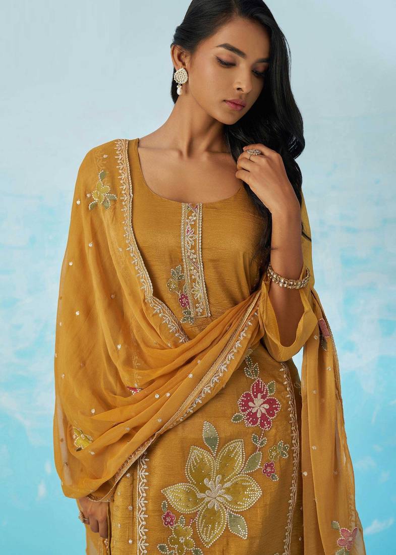 Mustard fancy fabric thread and sequins embroidery free size suit