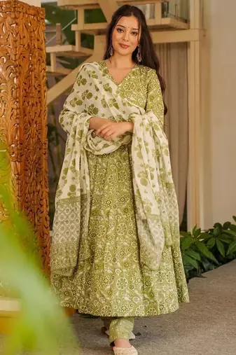 Olive cotton silk digital print free size suit