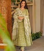 Olive cotton silk digital print free size suit